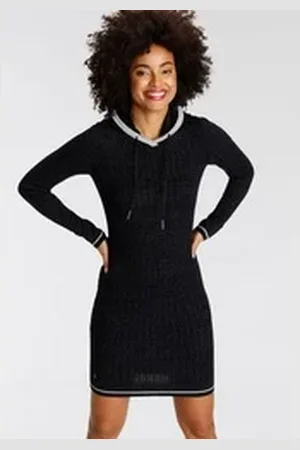 KangaROOS Strickkleid mit Kapuze und Kordelzug, aus Feinstrick schwarz 48 (XL)
