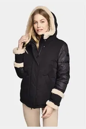 New Canadian Steppjacke Materialmix-Jacke "CURLY" mit Taschenbeutel aus Kuschel-Fleece schwarz 44
