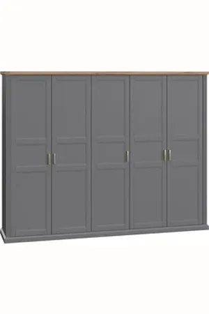 Home Affaire Kleiderschrank Tara, wahlweise 4 Breiten, hoher Schrank 227cm, soft-close-Funktion (Landhausstil mit Kranzprofil und Kasettenoptik, Innen Holzdekor) lackiert mit hochwertigen wasserbasiertem UV-Lack, FSC-zertifiziert grau 291 cm x 227 cm x