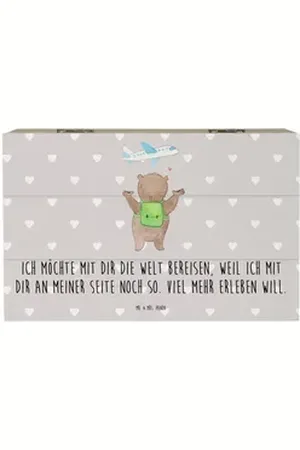 Mr. & Mrs. Panda Dekokiste Bär Flugzeug 19 x 12 cm - Grau Pastell - Geschenk, Geschenk für Freun (1 St), Vielseitig einsetzbar grau 19 cm x 12 cm x 10 cm