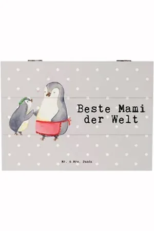 Mr. & Mrs. Panda Dekokiste Pinguin Beste Mami der Welt 25 x 18 cm - Grau Pastell - Geschenk, Mut (1 St), Praktischer Griff grau 18 cm x 25 cm x 15 cm