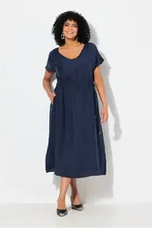 Ulla Popken Maxikleid Maxikleid Tunnelzug V-Ausschnitt ärmellos blau 54/56