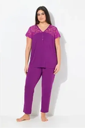 Ulla Popken Pyjama Pyjama Spitze V-Ausschnitt Spitzen-Halbarm lila 54/56