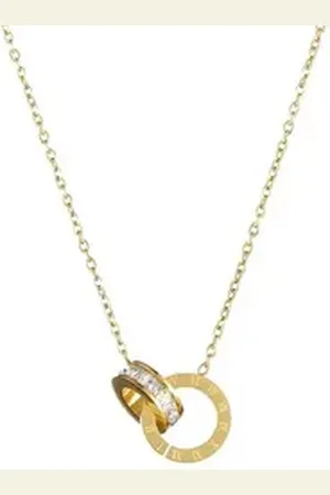 Karma Kette mit Anhänger Damen Edelstahl Gold 40 Kette mit Doppelring Anhänger (Edelstahlkette Edelstahlhalskette modern goldfarben, Schmuck für Frauen verstellbar Damenhalskette), mit römischen Ziffern und funkelnden Steinen goldfarben