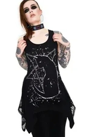 Jawbreaker Tanktop Cosmic Cat Longline Katze Kitty Cat Oberteil mit Spitze schwarz L