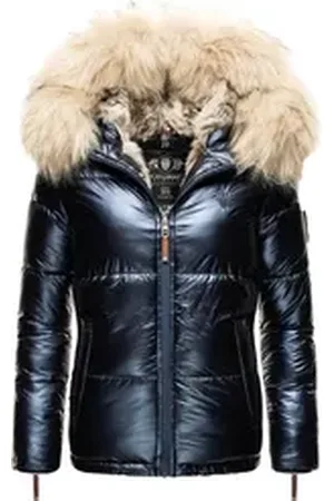 Navahoo Winterjacke Tikunaa warm gefütterte Damen Steppjacke mit Kunstfellkapuze blau M (38)
