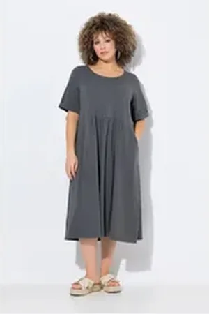 Ulla Popken Midikleid Jersey-Midikleid A-Linie Rundhals Halbarm grau 54/56
