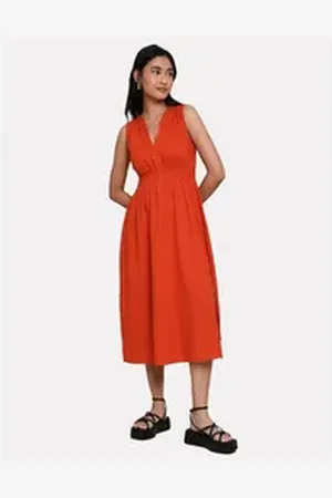 Threadbare Sommerkleid THB Peppercorn Linen Waisted Midi Dress mit figurbetonter Passform orange 44