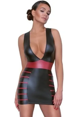 Cottelli Collection Minikleid Wetlook Kleid mit tiefem Ausschnitt - schwarz (1-tlg) Vorne extra tief ausgeschnitten schwarz XL