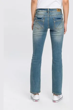 ARIZONA Gerade Jeans Kontrastnähte niedrige Leibhöhe, in 5-Pocket-Form, Used-Look-Waschung