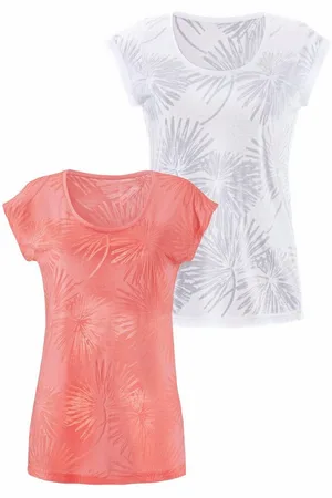 beachtime Kurzarmshirt mit leicht transparenten Palmen (2er-Pack) aus weicher Ausbrenner-Qualität