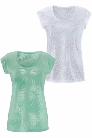 beachtime Kurzarmshirt mit leicht transparenten Palmen (2er-Pack) aus weicher Ausbrenner-Qualität
