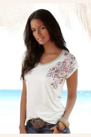 beachtime Kurzarmshirt mit Print und zarter Spitze am Ausschnitt aus weicher Viskose-Baumwoll-Qualität