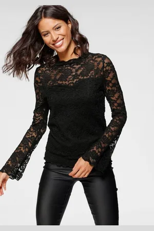 Laura Scott Spitzenshirt Langarm, figurbetonter Schnitt, Tulpenärmel, Stehkragen