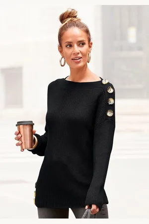 Lascana Strickpullover mit Knöpfen im Off-Shoulder-Style, Damenpullover aus Baumwoll-Mix