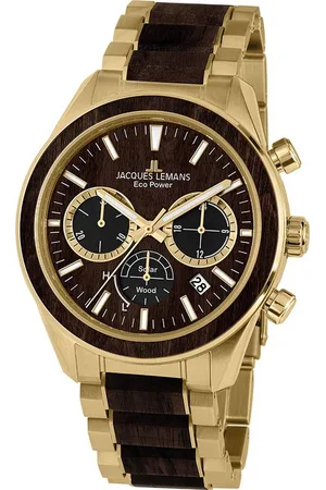 Jacques Lemans Solaruhr Eco Power, 1-2115L, Armbanduhr, Herrenuhr, Datum, Stoppfunktion, Holz-Zifferblatt