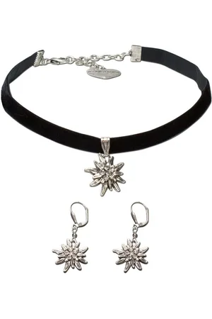 Alpenflüstern Ketten-Set Trachtenschmuck-Set Trachten-Samt-Kropfband und Ohrhänger Strass-Edelweiß (schwarz), - Damen-Trachten-Schmuck, Trachtenset Trachtenkette und Trachten-Ohrringe - Verkäufer: