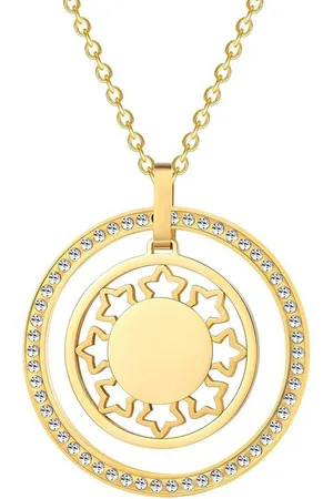Karisma Kette mit Anhänger Damen Edelstahl Anhängerkette Collier 2 Kreise Sterne zirkonia, 80cm Lang CQD106 - Gold - Verkäufer: Schmuck