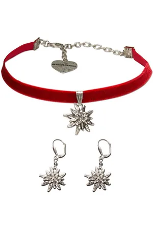 Alpenflüstern Ketten-Set Trachtenschmuck-Set Trachten-Samt-Kropfband und Ohrhänger Strass-Edelweiß (rot), - Damen-Trachten-Schmuck, Trachtenset Trachtenkette und Trachten-Ohrringe - Verkäufer: