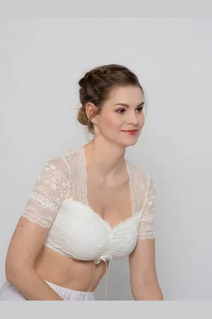 MY CHOICE Dirndlbluse Elegante Dirndl-Spitzenbluse mit Raffdetail – Champagner (1-teilig) mit Jersey blickdicht unterlegt - Verkäufer: Pezzo D