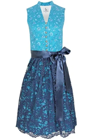 Bergweiss Trachten Dirndl für Damen "Mariella" 51158 - Türkis Dunkelblau 65cm, Hochgeschlossen mit Spitzenschürze - Verkäufer: Trachtenland