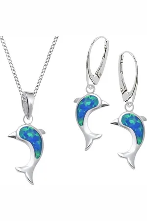 Goldene Hufeisen Schmuckset Schmuckset Opal Delfin Brisur Ohrringe Anhänger Kette 925 Silber (4-tlg, inkl. Etui), Damen Geschenkset - Verkäufer: