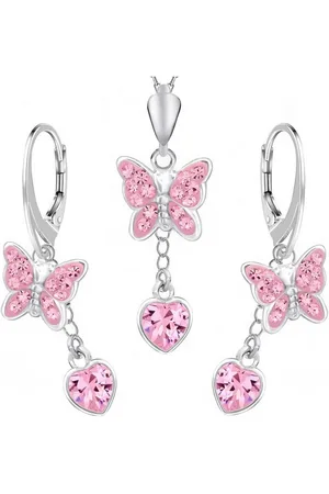 Goldene Hufeisen Schmuckset Schmetterling mit Rosa Herz Zirkonia Ohrringe mit Kette 925 Silber (4-tlg, inkl. Etui), Handgefertigt - Verkäufer: