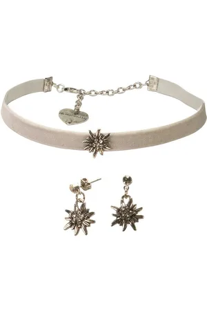 Alpenflüstern Ketten-Set Trachtenschmuck-Set Trachten-Samt-Kropfband und Ohrstecker Strass-Edelweiß mini (grau), - Damen-Trachten-Schmuck, Trachtenset Trachtenkette und Trachten-Ohrringe - Verkäufer: