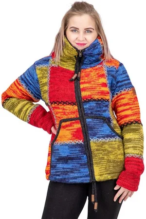 Kunst und Magie Strickjacke Damen Strickjacke Wolle Bunte Patchwork Jacke+Fleecefutter&Hochkragen - Verkäufer: