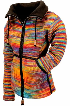 Kunst und Magie Strickjacke Strickjacke Wolle Bunte Regenbogen Fleecefutter Hochkragen Boho Fair - Verkäufer: