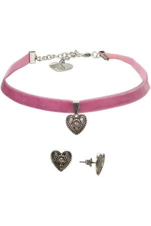 Alpenflüstern Ketten-Set Trachtenschmuck-Set Trachten-Samt-Kropfband und Ohrstecker Trachtenherz (rosa-ros), - Damen-Trachten-Schmuck, Trachtenset Trachtenkette und Trachten-Ohrringe - Verkäufer: