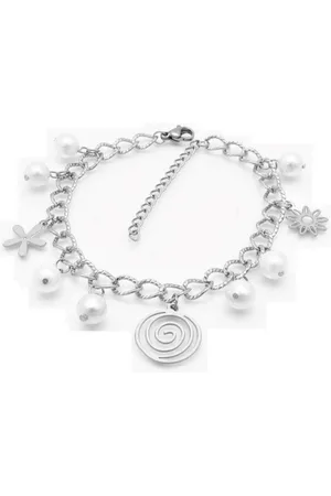 Bungsa Armband Bettelarmband Spirale, Perlen & Blümchen Silber aus Edelstahl Damen (1 Armband, 1-tlg), Bracelet Armschmuck - Verkäufer: