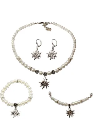 Alpenflüstern Ketten-Set Trachtenschmuck-Set Perlen-Trachtenkette, Armband, Charivari und Ohrhänger Strass-Edelweiß (creme-weiß), - Damen-Trachten-Schmuck, Trachtenset - Verkäufer: