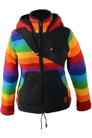 Kunst und Magie Kapuzenstrickjacke Damen Goa Strickjacke Wolle Fleecefutter ab. Zipfelkapuze Regenbogen - Verkäufer: