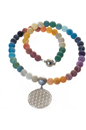Bella Carina Perlenkette Kette mit Achat Perlen und Anhänger Blume des Lebens, Regenbogen Farben - Verkäufer:
