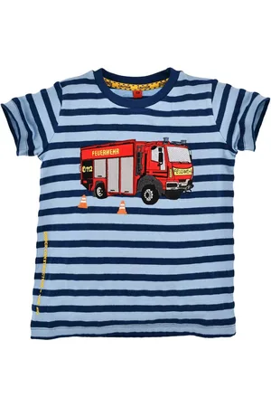 BONDI T-Shirt Kurzarm Print Shirt "Feuerwehrauto" für Jungen 33122, Blau geringelt - Kindermode Motiv Feuerwehrmann - Verkäufer: Trachtenland