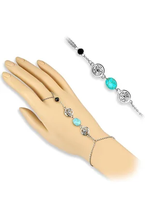 Bungsa Bauchketten und Fußketten Set Handkette Türkisstein & Bead Silber aus Messing Damen (1-tlg), Fingerkette Damen - Verkäufer:
