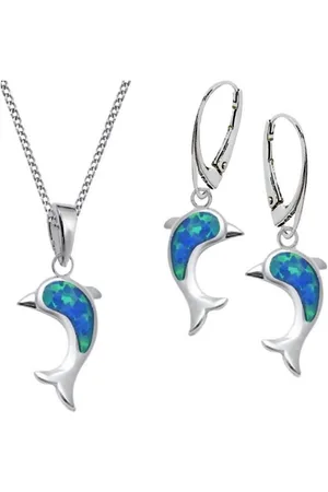 Goldene Hufeisen Schmuckset Set synth. Opal Delfin Brisur Ohrringe Anhänger 40cm Kette 925 Silber (4-tlg, inkl. Geschenk-Etui), Mädchen Geschenkset - Verkäufer: