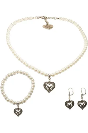 Alpenflüstern Ketten-Set Trachtenschmuck-Set Perlen-Trachtenkette, Trachten-Armband und Trachten-Ohrhänger Strassherz-Hirsch (creme-weiß), - Damen-Trachten-Schmuck, Trachtenset - Verkäufer: