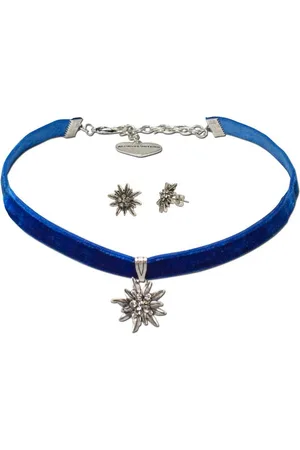 Alpenflüstern Ketten-Set Trachtenschmuck-Set Trachten-Samt-Kropfband und Ohrstecker Strass-Edelweiß (blau), - Damen-Trachten-Schmuck, Trachtenset Trachtenkette und Trachten-Ohrringe - Verkäufer: