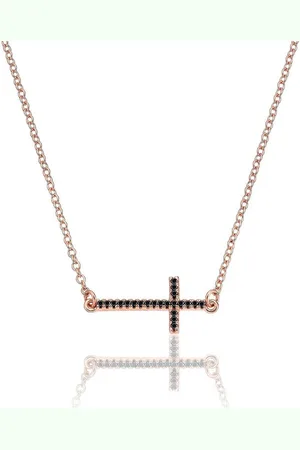 Karisma Kette mit Anhänger Damen Silber 925 Anhänger Kreuz Zrikonia Collier Kette, mit Verlängerung 5cm - Roségold Schwarze Steine - Verkäufer: Schmuck