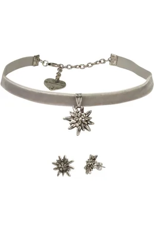 Alpenflüstern Ketten-Set Trachtenschmuck-Set Trachten-Samt-Kropfband und Ohrstecker Strass-Edelweiß (grau), - Damen-Trachten-Schmuck, Trachtenset Trachtenkette und Trachten-Ohrringe - Verkäufer: