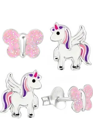 Goldene Hufeisen Ohrstecker-Set 2 Paar Set Kinder Ohrstecker Schmetterling + Einhorn 925 Silber (2 Paar Set, inkl. Etui), 925 Sterling-Silber - Verkäufer: