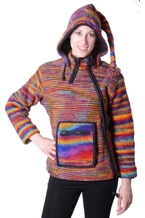 Kunst und Magie Kapuzenstrickjacke Damen Wolljacke Hippie Goa Strickjacke mit Zipfelkapuze Mehrfarbig - Verkäufer: