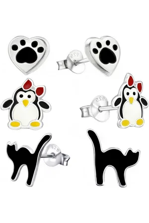 Goldene Hufeisen Ohrstecker-Set 3 Paar Set Mädchen Ohrstecker Katze Pfote Kinder Ohrringe 925 Silber (6-tlg, inkl. Etui), mit Emaille - Verkäufer: