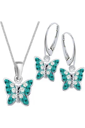 Goldene Hufeisen Schmuckset Kristall Schmetterling Ohrringe Anhänger Kette 925 Silber Set (4-tlg, inkl. Geschenk-Etui), Geschenkset - Verkäufer: