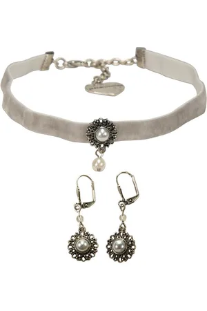 Alpenflüstern Ketten-Set Trachtenschmuck-Set Trachten-Samt-Kropfband und Ohrhänger Helena (grau), - Damen-Trachten-Schmuck, Trachtenset Trachtenkette und Trachten-Ohrringe - Verkäufer: