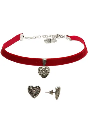 Alpenflüstern Ketten-Set Trachtenschmuck-Set Trachten-Samt-Kropfband und Ohrstecker Trachtenherz (rot), - Damen-Trachten-Schmuck, Trachtenset Trachtenkette und Trachten-Ohrringe - Verkäufer: