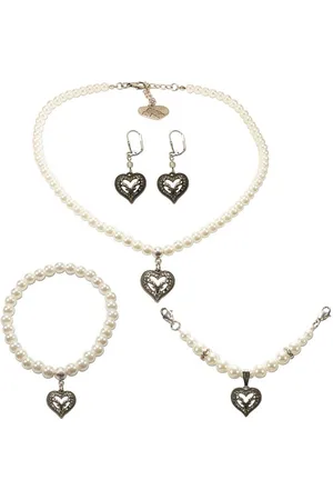 Alpenflüstern Ketten-Set Trachtenschmuck-Set Perlen-Trachtenkette, Trachten-Armband, Charivari und Trachten-Ohrhänger Strassherz-Hirsch (creme-weiß), - Damen-Trachten-Schmuck, Trachtenset - Verkäufer: