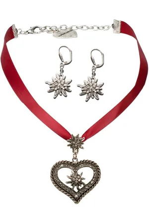 Alpenflüstern Ketten-Set Trachtenschmuck-Set Satin-Trachtenkette Strassedelweissherz und Trachten-Ohrhänger Strass-Edelweiss (rot), - Damen-Trachten-Schmuck, Trachtenset Trachtenkette und Trachten-Ohrringe - Verkäufer:
